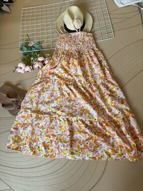 Girls Pink & Yellow Floral Smocked Sundress